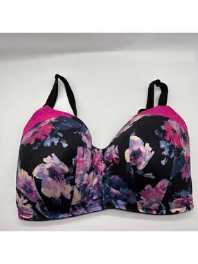 Cacique Bra Lightly Lined Full Coverage Plus Size 38H Black Floral No Wire